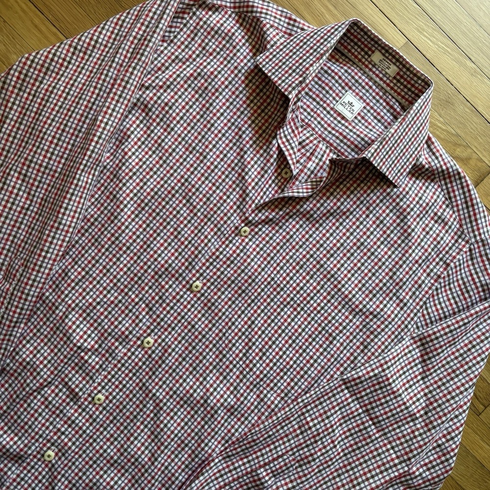 Peter Millar Long Sleeve Dress Shirt Men's Medium Plaid‎ 100% Cotton Red Cream